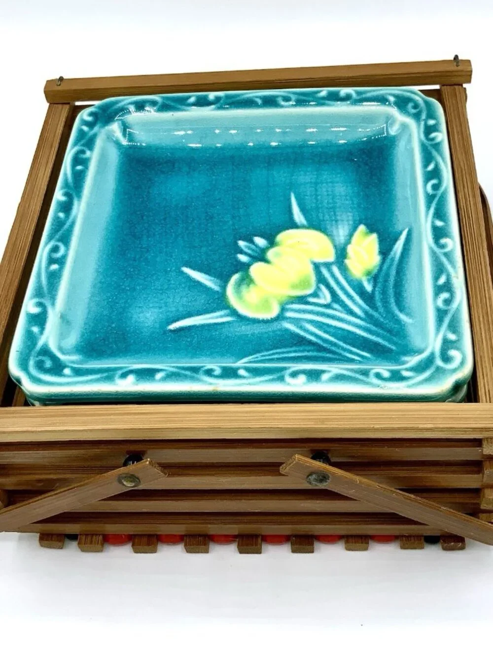 Vintage Turquoise Teal Ceramic Coaster Small Plate Set 5 Plates + Bamboo Holder
